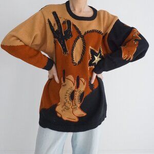 Vintage IB Diffusion Tan Western Cowboy Boots Rope Star Western Knit Sweater S